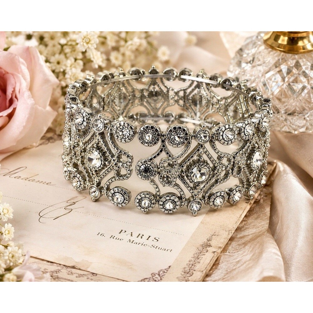 Vintage Silver Tone Rhinestone Wide Stretch Bracelet Gothic Victorian Statement
